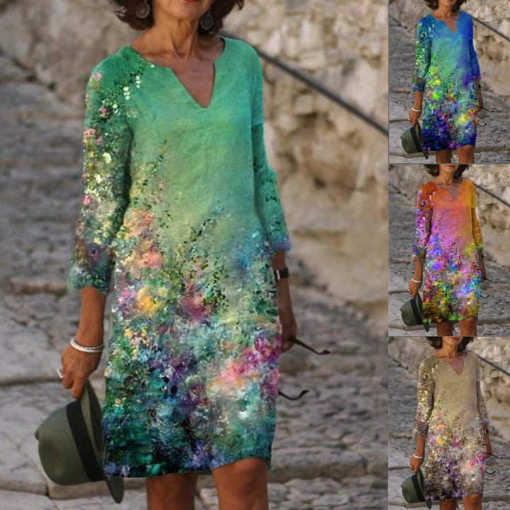 Damen Sommerkleid mit V-Ausschnitt und buntem Grafikdesign Drune