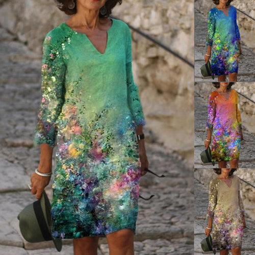 Damen Sommerkleid mit V-Ausschnitt und buntem Grafikdesign Drune