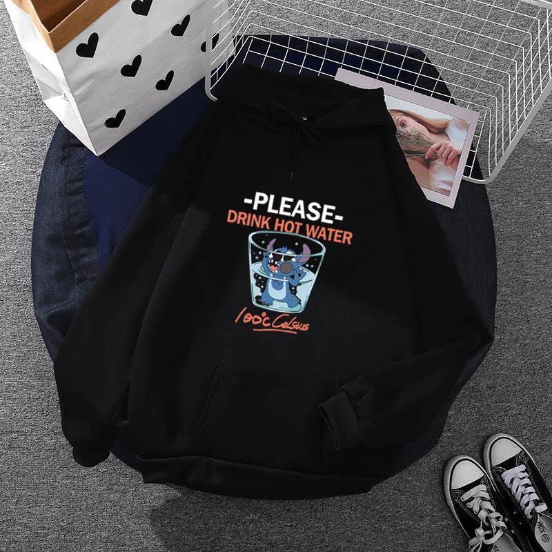 Damen nan Kapuzenpullover mit großflächigem Cartoon-Glas-Print, weichem Fleece-Innenfutter und Kängurutasche Drune