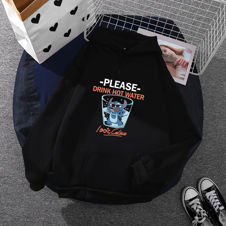 Damen nan Kapuzenpullover mit großflächigem Cartoon-Glas-Print, weichem Fleece-Innenfutter und Kängurutasche Drune