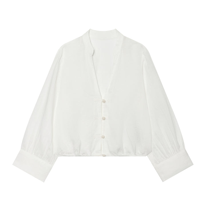 Damen Cropped-Bluse im Tai-Chi-Stil mit Stehkragen, Knotenverschlüssen und Ballonärmeln Drune