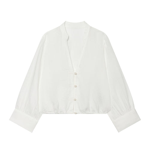 Damen Cropped-Bluse im Tai-Chi-Stil mit Stehkragen, Knotenverschlüssen und Ballonärmeln Drune