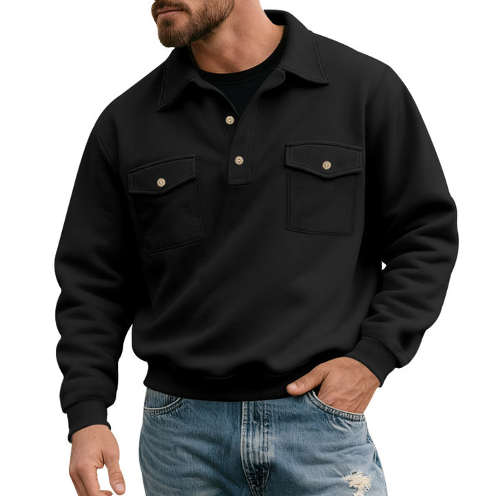 Herren nan Brustklappen-Polo-Sweatshirt mit Halbknopfleiste, zwei Brusttaschen und geripptem Saum Drune