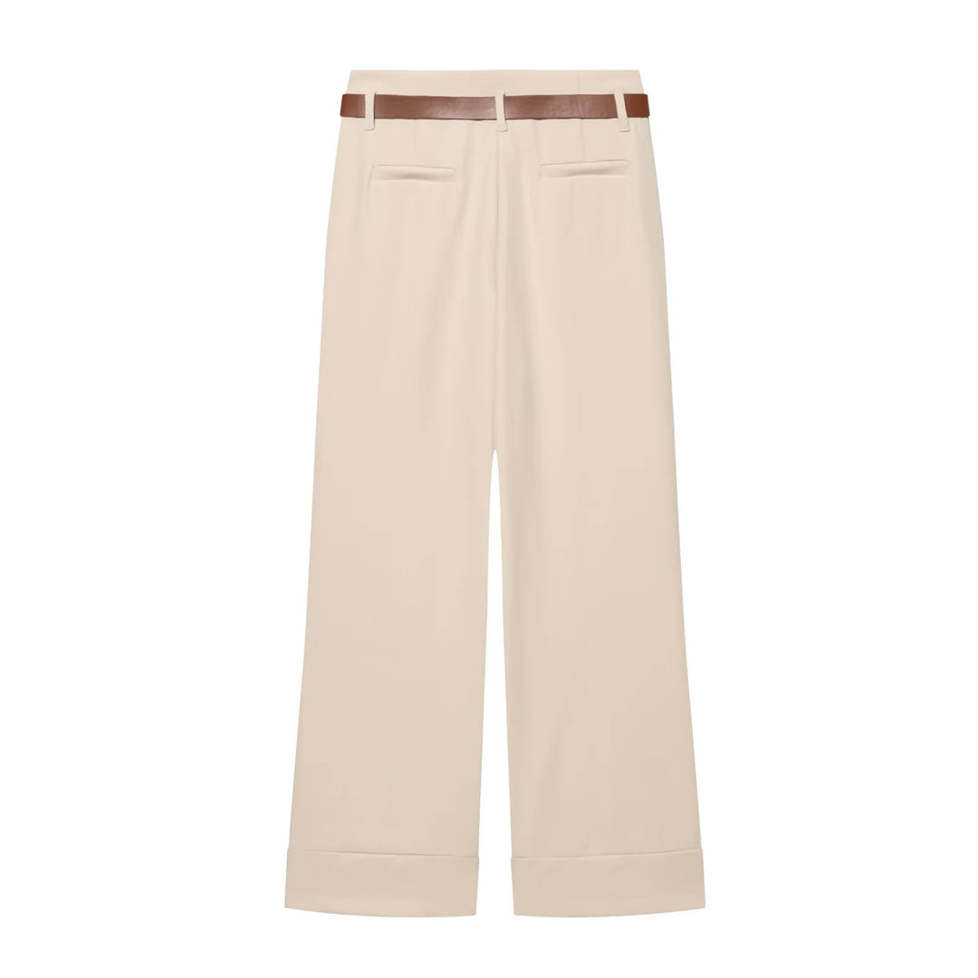 Damen nan Culotte-Hose mit hohem Bund, weitem Bein, breitem Aufschlag und Gürtelpassanten Drune