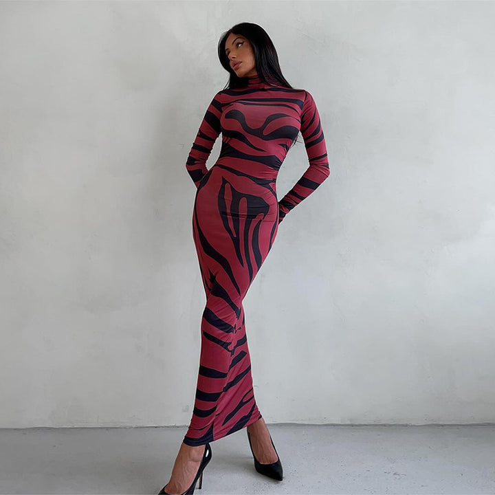 Damen Elegantes transparentes Maxikleid mit Leopardenmotiv und langem Arm Drune