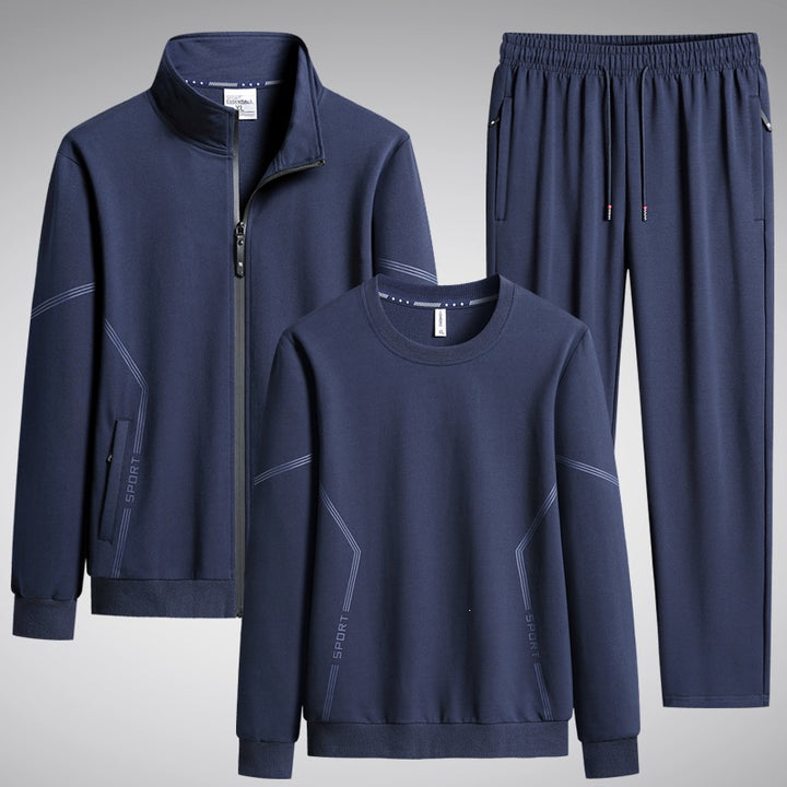 Herren Dreiteiliges Performance-Trainingsset mit Stehkragen-Zipjacke, Rundhals-Sweater & tapered Jogginghose Drune