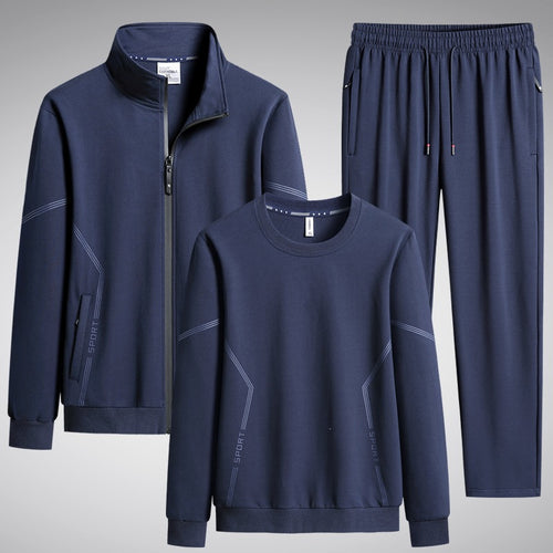 Herren Dreiteiliges Performance-Trainingsset mit Stehkragen-Zipjacke, Rundhals-Sweater & tapered Jogginghose Drune