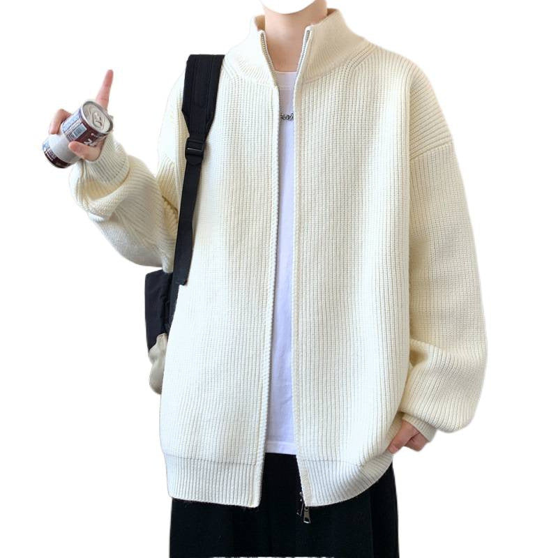Herren Oversized Strick‑Zipjacke mit hohem Stehkragen und feiner Rippstruktur Drune