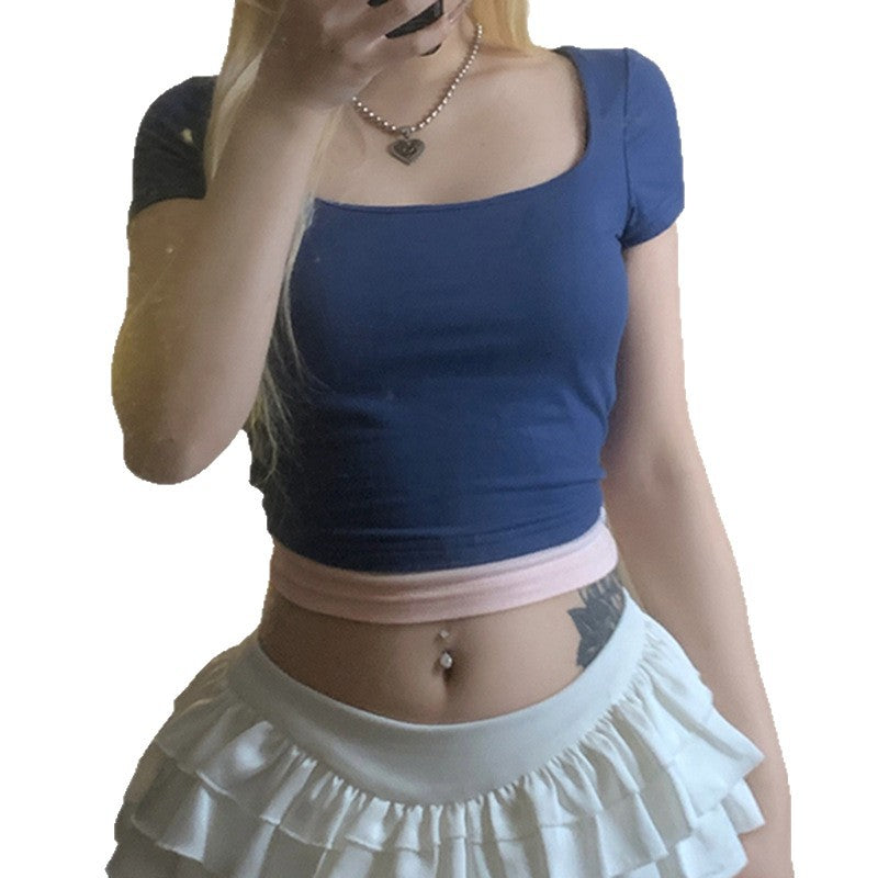 Damen Crop-Oberteil mit modischem Quadrat-Ausschnitt und kontrastierendem Saum Drune