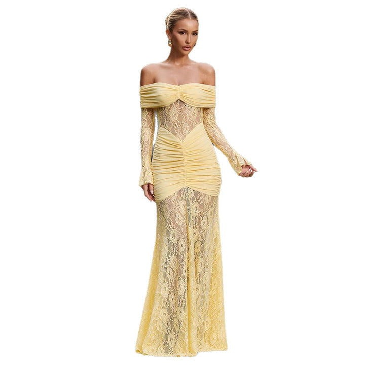Damen Elegantes Spitzenmaxikleid mit raffinierten Rüschendetails und schulterfreien Trägern Drune