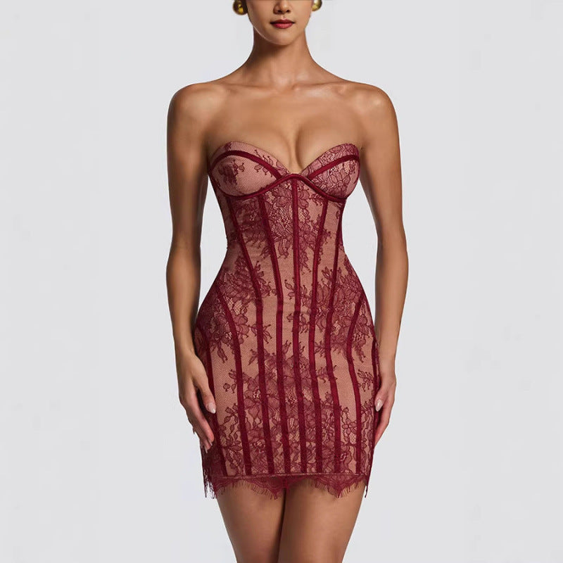 Damen verführerisches Spitzenkleid mit herzförmigem Ausschnitt und figurformendem Design Drune