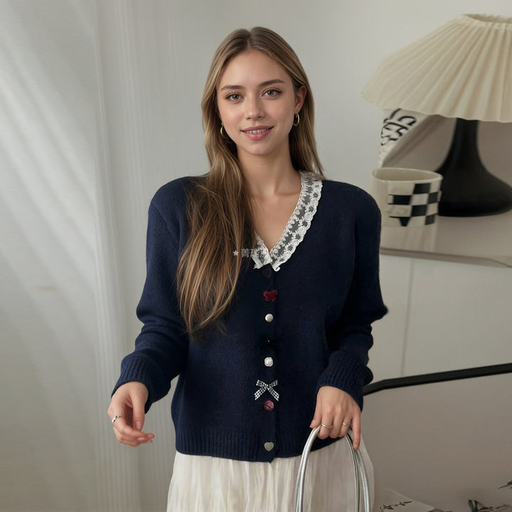 Damen Verspielter Strickcardigan mit Rüschen und Knopfdetails Drune