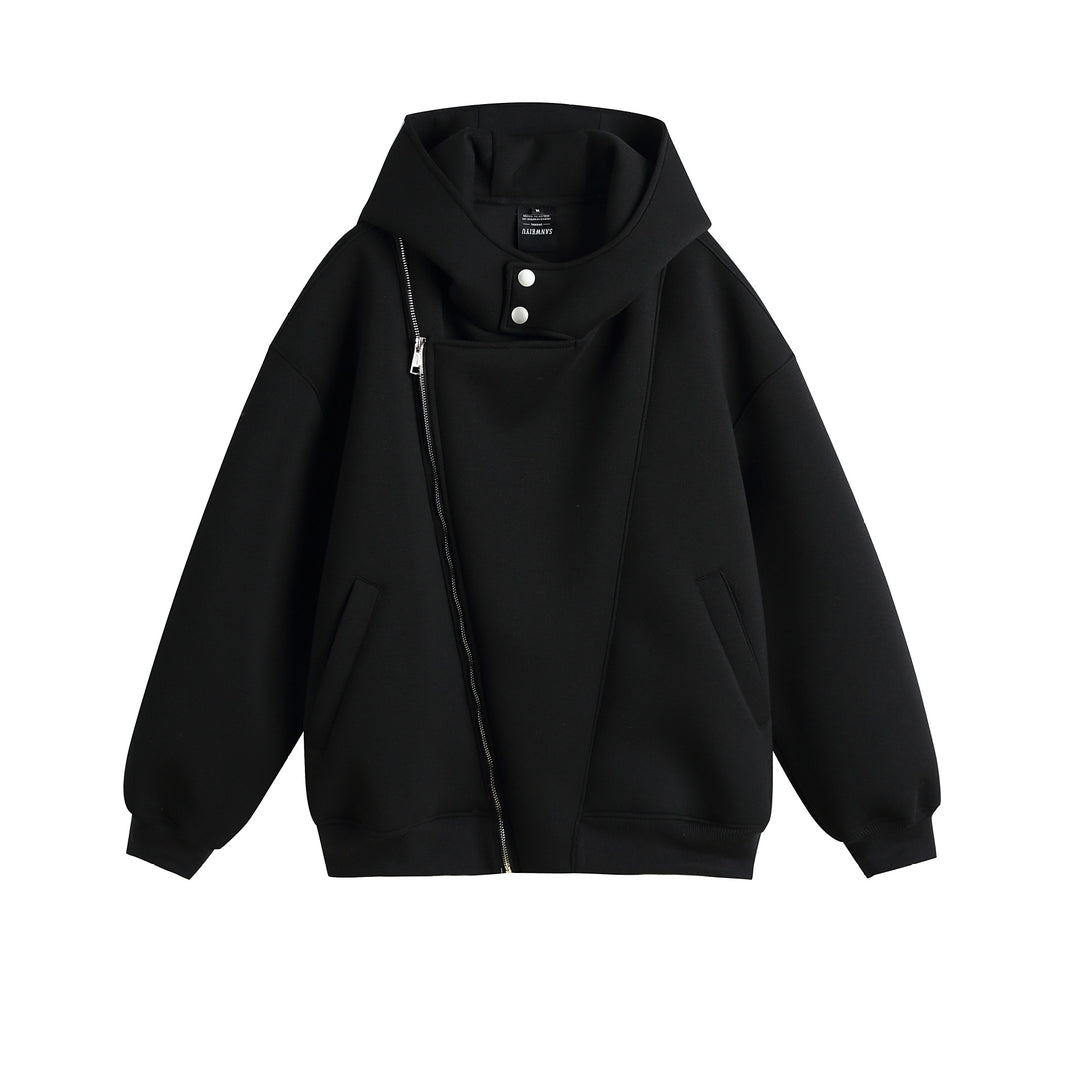 Unisex Oversize Kapuzen‑Zipjacke mit asymmetrischem Reißverschluss und hohem Funnelkragen Drune