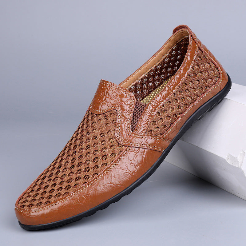Herren Atmungsaktiver Lochleder-Slipper im Mokassin-Stil mit flexibler Gummisohle Drune
