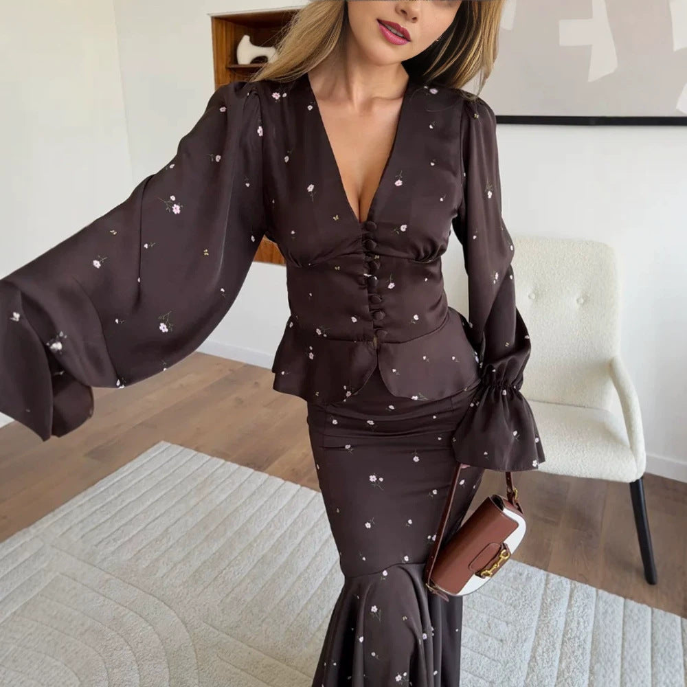 Damen Zweiteiliges Satin-Set mit tailliertem Knopf-Top und Meerjungfrau-Rock Drune