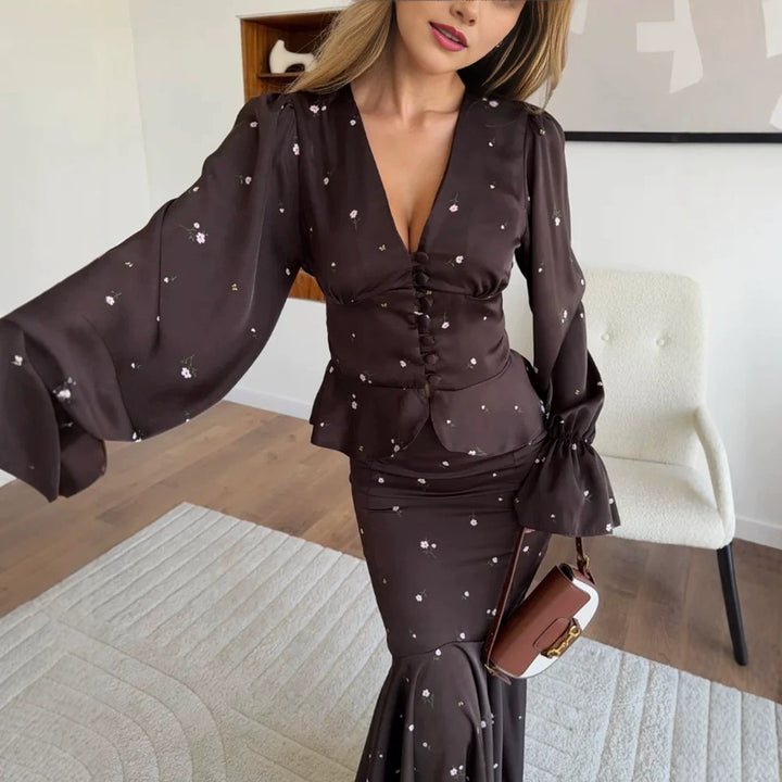 Damen Zweiteiliges Satin-Set mit tailliertem Knopf-Top und Meerjungfrau-Rock Drune