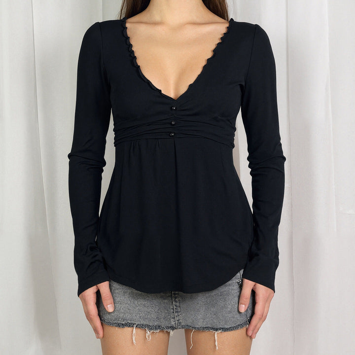 Damen Langarm-Wickelshirt im Empire-Stil mit geraffter Unterbrust und Rüschenkragen Drune
