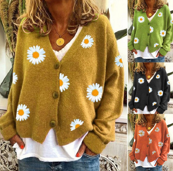 Damen Strickjacke mit Blumenstickerei und V-Ausschnitt Drune