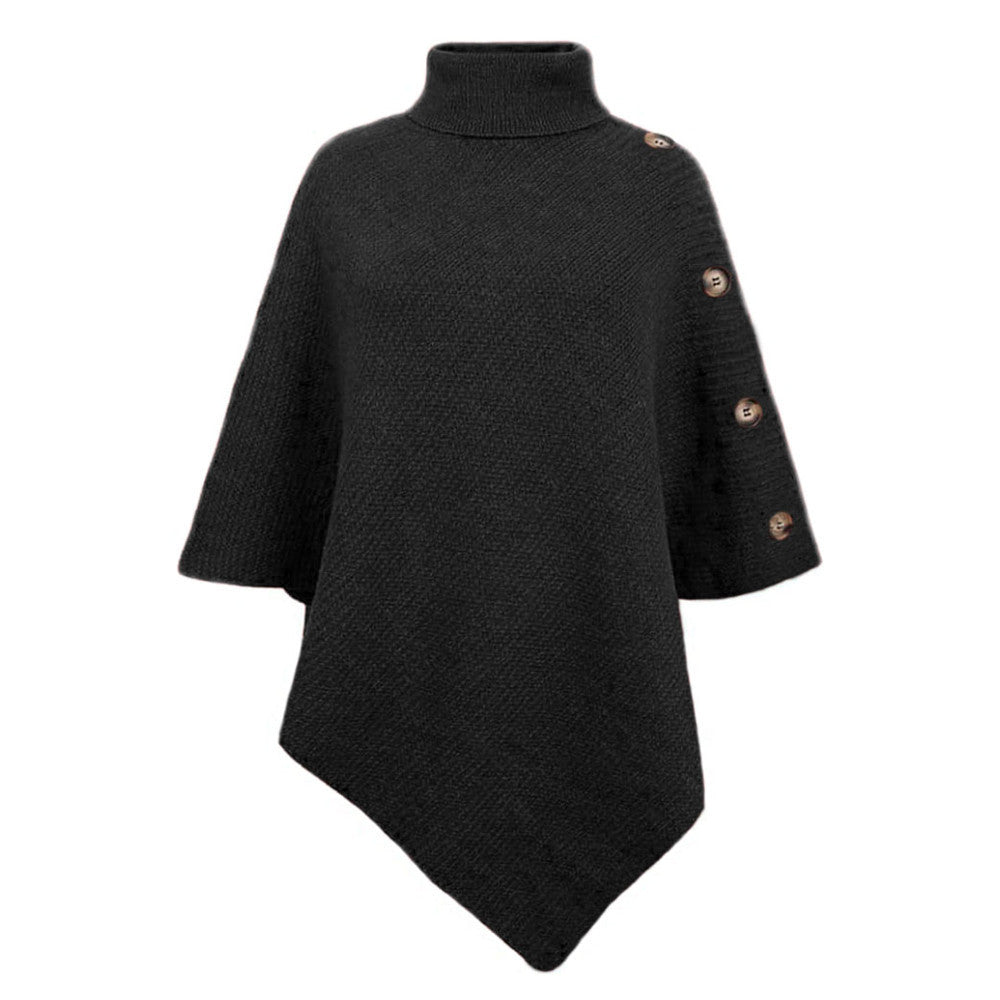 Damen nan asymmetrischer Strickponcho mit Rollkragen und dekorativer Knopfleiste Drune