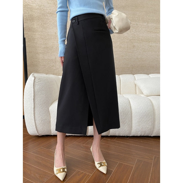 Damen eleganter Midirock mit überlappendem Design und modischen Knopfdetails Drune