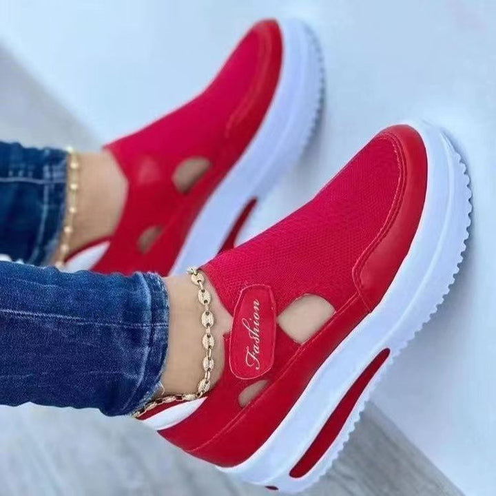 Damen  atmungsaktive Strick-Sneaker mit Klettverschluss, Cut-Outs und Plateau-Luftsohle Drune