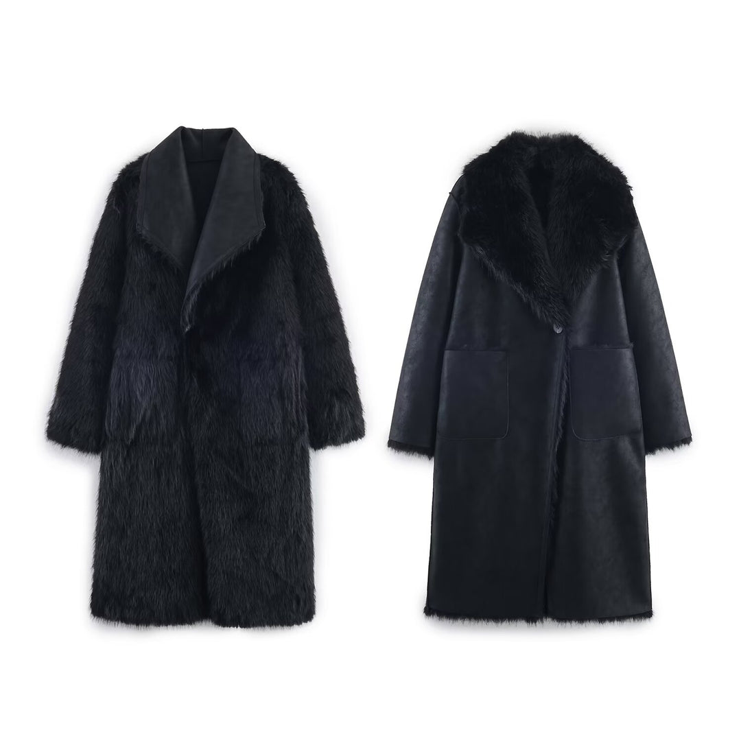 Damen Modischer Kunstpelz-Mantel mit elegantem Revers Drune