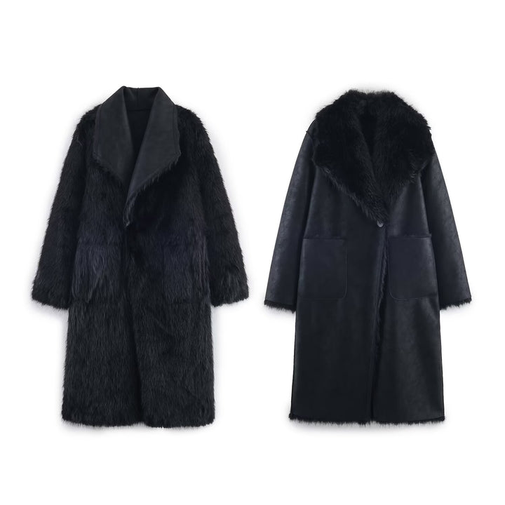 Damen Modischer Kunstpelz-Mantel mit elegantem Revers Drune