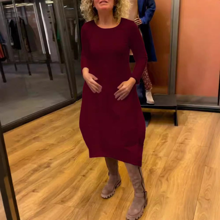 Damen nan asymmetrisches Ballonkleid mit dreiviertelärmeln, seitlichen Eingrifftaschen und fließendem Zipfelsaum Drune