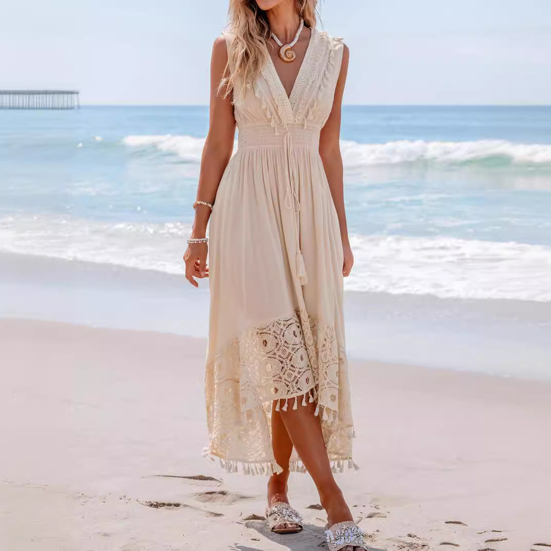 Damen Bohemian Maxikleid mit Spitzen- und Rüschendetails Drune