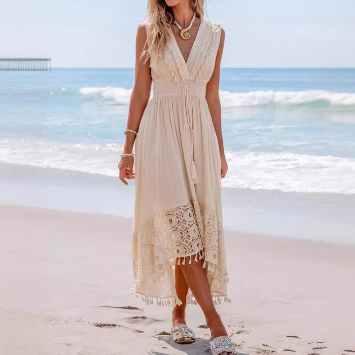 Damen Bohemian Maxikleid mit Spitzen- und Rüschendetails Drune