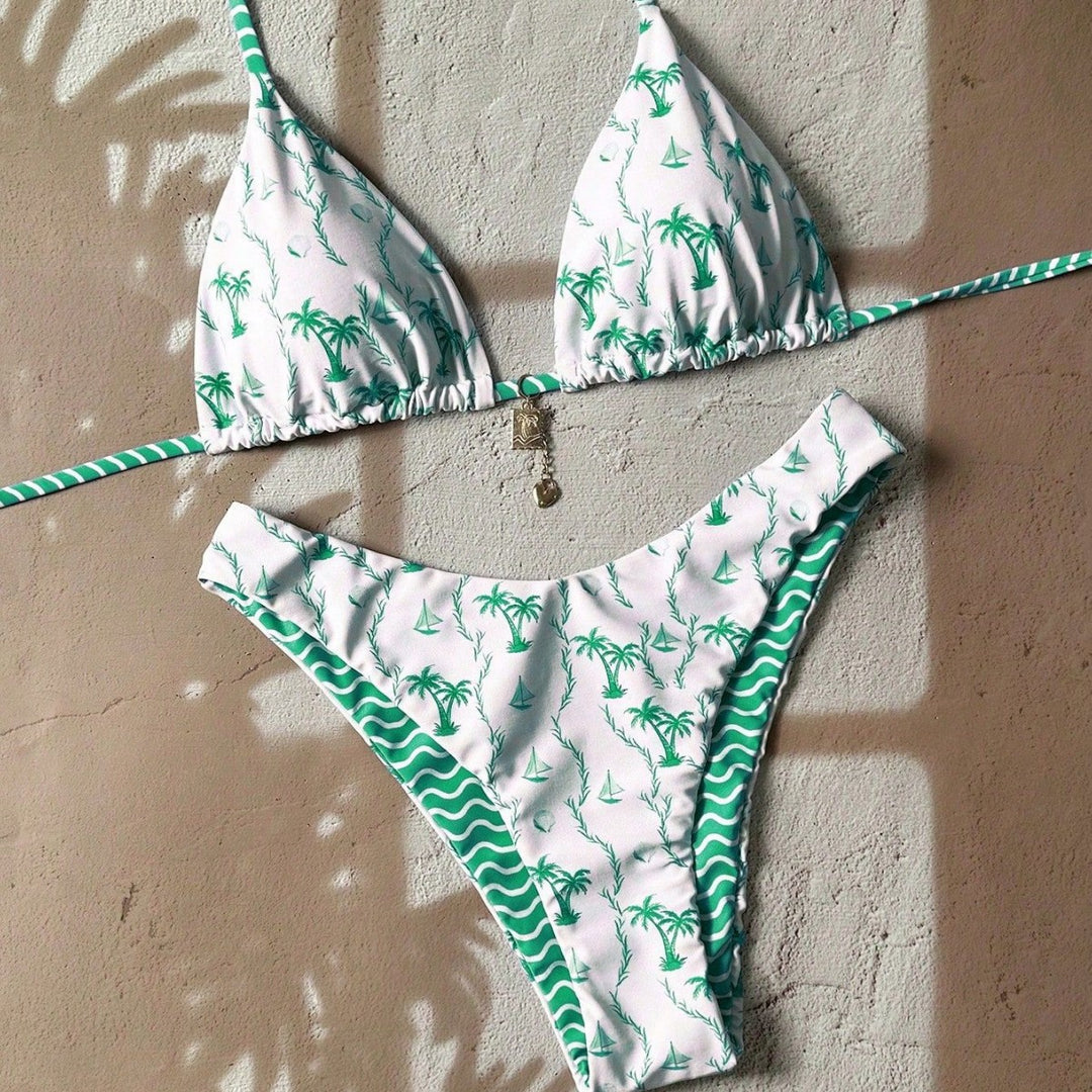 Damen Triangel-Bikini mit tropischem Muster Drune