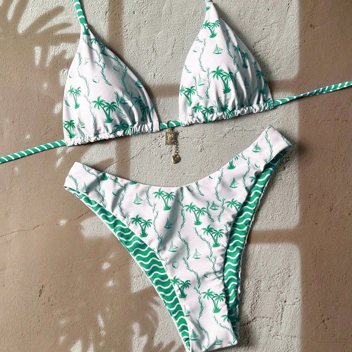 Damen Triangel-Bikini mit tropischem Muster Drune