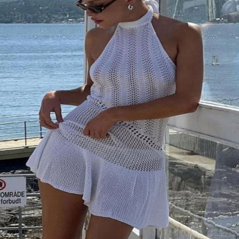 Damen luftiges Strandkleid mit feinem Häkelmuster und voluminösem Saum Drune