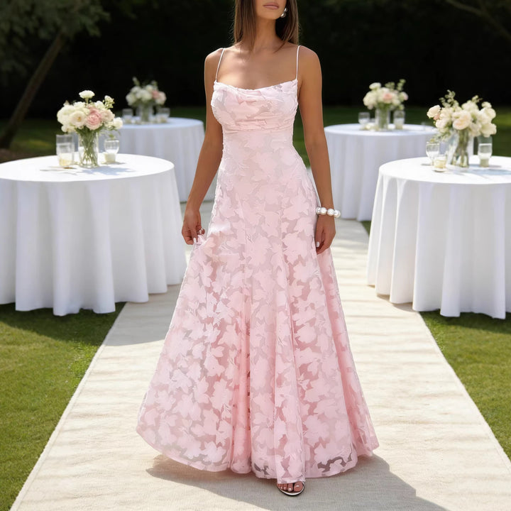 Damen Hochwertiges Maxikleid mit schimmerndem Blumenmuster und eleganten Spaghettiträgern Drune