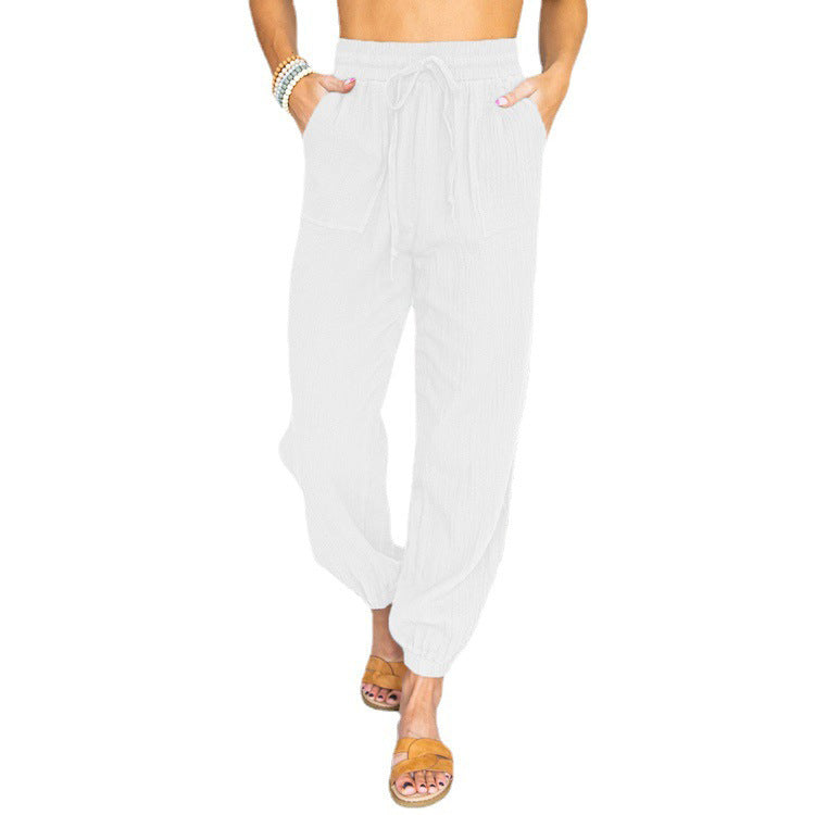 Damen nan leichte Leinenoptik Freizeit-Hose mit hohem elastischem Bund, Kordelzug, aufgesetzten Taschen und elastischen Knöchelbündchen Drune