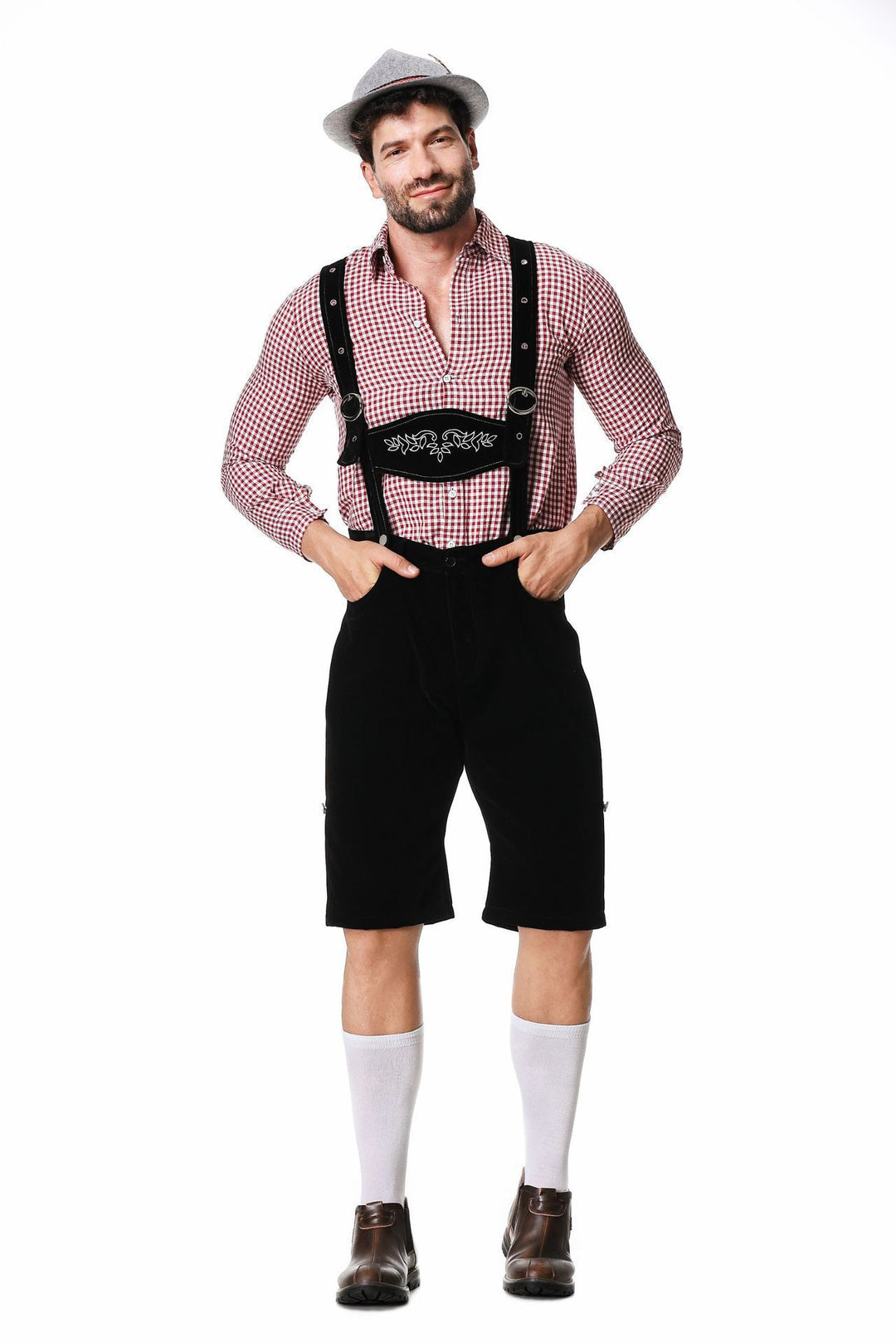Herren nan kurze Trachtenlederhose in Veloursleder-Optik mit besticktem Brustlatz und verstellbaren Trägern Drune