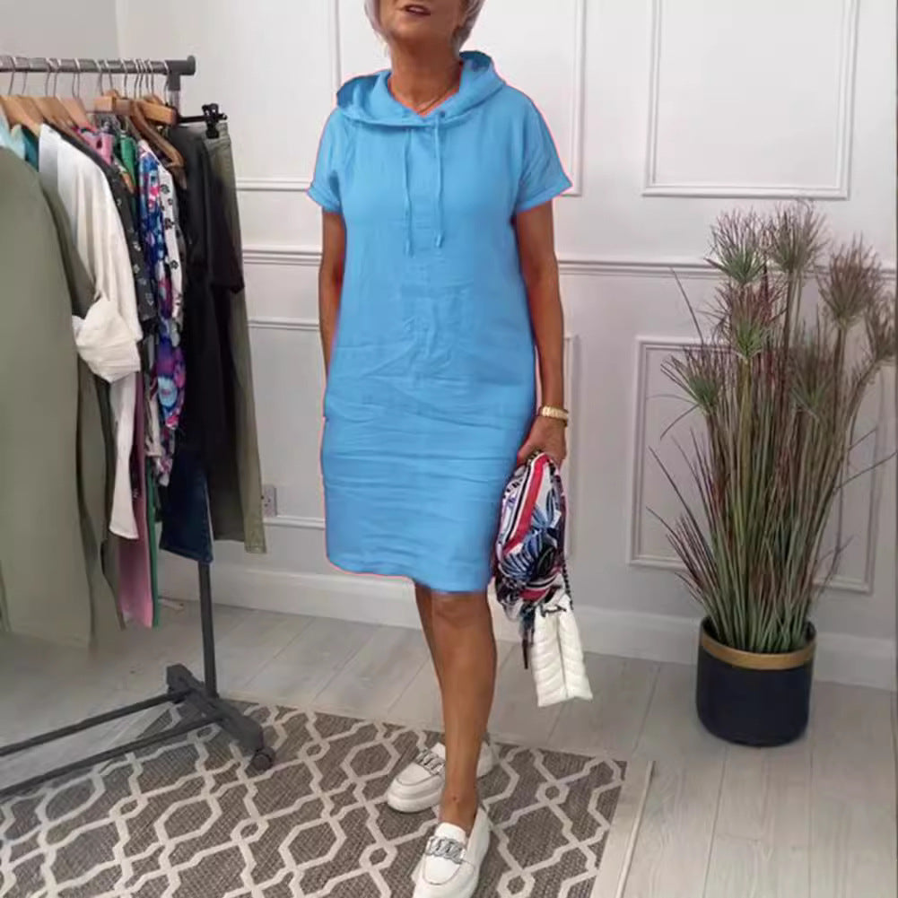 Damen nan legeres Kapuzenkleid mit kurzem Ärmel, geradem Schnitt und Kordelzug Drune