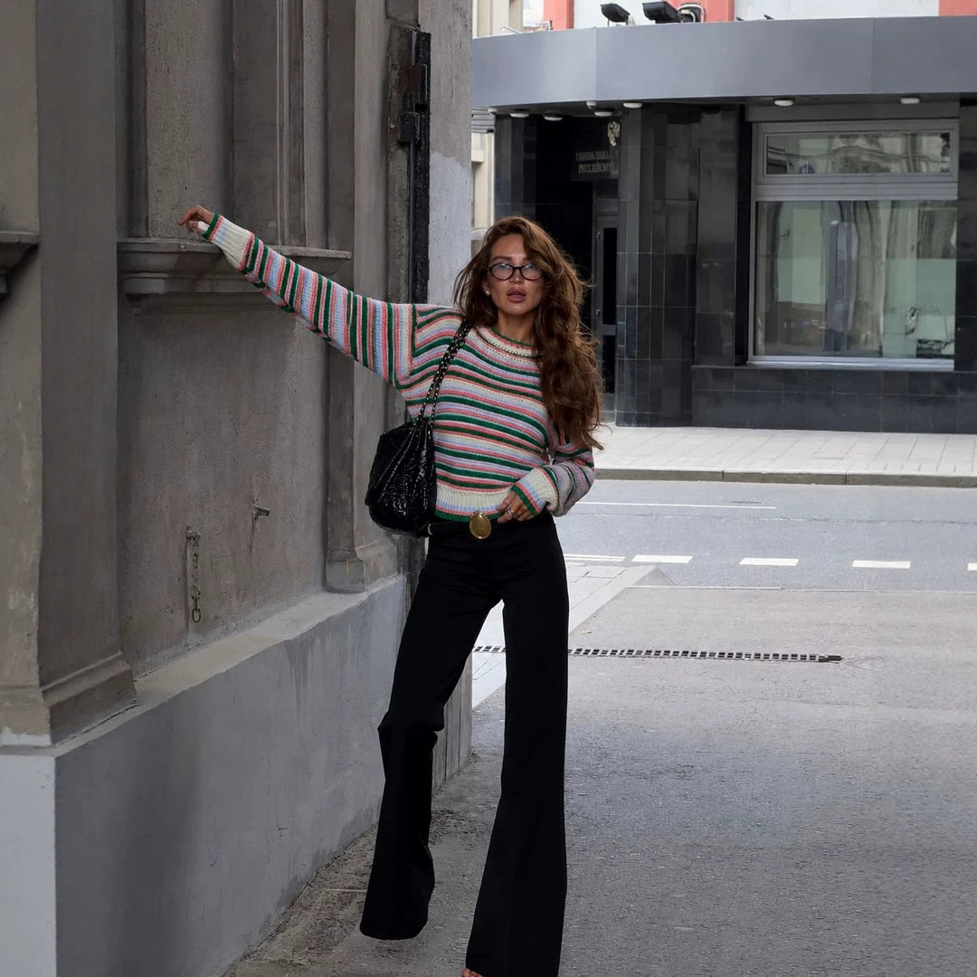 Damen gestreifter Feinstrickpullover mit weitem Oversize-Schnitt und feinem Rundhalsausschnitt Drune