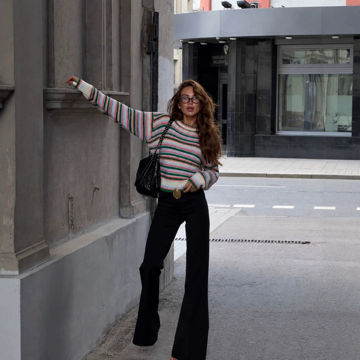 Damen gestreifter Feinstrickpullover mit weitem Oversize-Schnitt und feinem Rundhalsausschnitt Drune