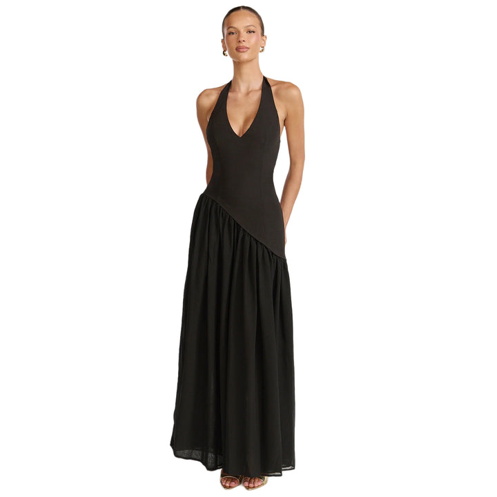Damen Maxikleid mit tiefem V-Ausschnitt und asymmetrischem Rock Drune