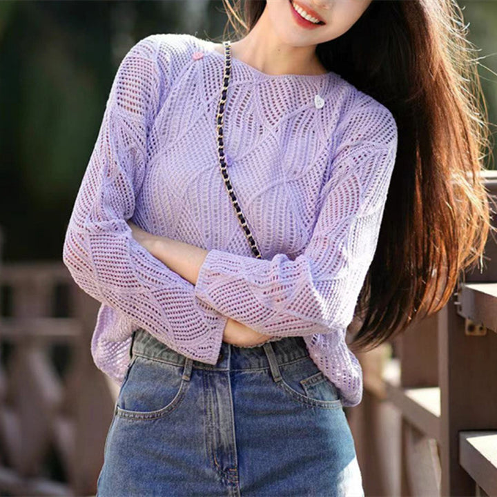 Damen luftige Strickbluse mit Muster und farbigen Applikationen Drune