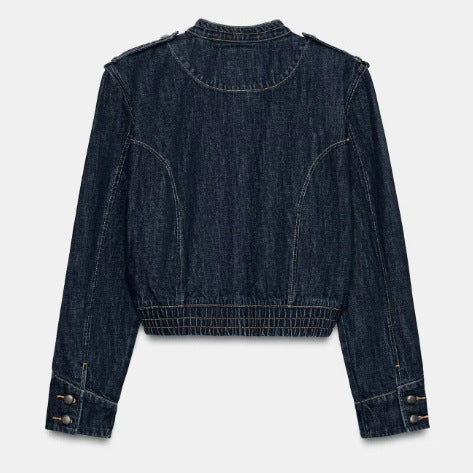 Damen Kurz geschnittene Jeansjacke mit Mandarinkragen, Zierknopfreihe und Schulterpatten Drune