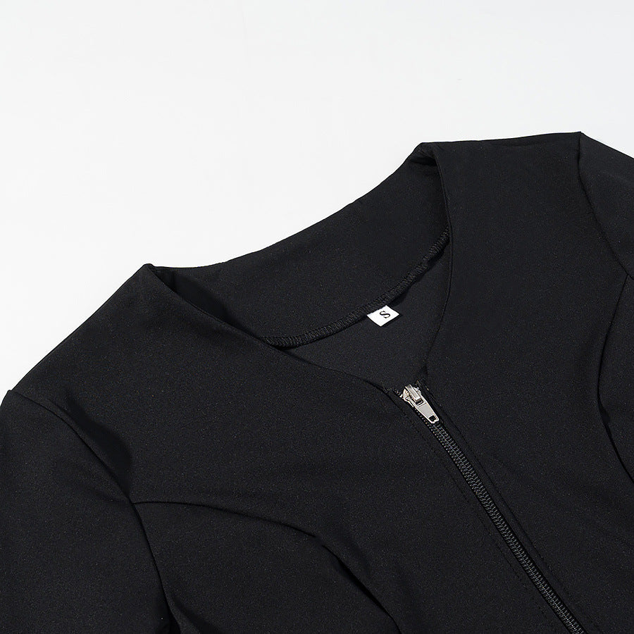 Damen Taillierte Kurzjacke mit Mittelreißverschluss und Spitzenvolants Drune