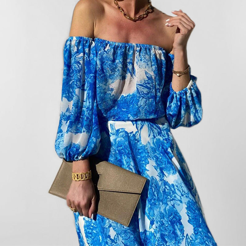 Damen Off-Shoulder Maxikleid mit floralem Druck und weitem Rock Drune