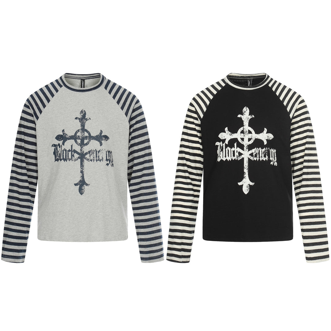 Herren Langarm-Raglanshirt mit Streifenärmeln und Vintage-Print Drune