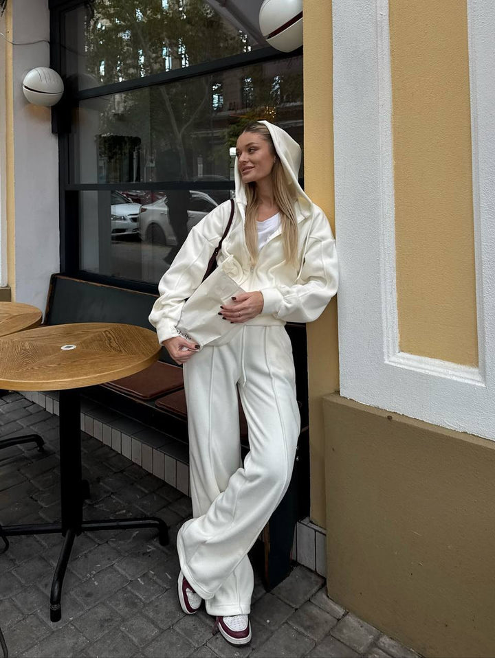 Damen Fleece-Lounge-Set mit kurzem Reißverschluss-Hoodie und taillenhoher Kordel-Jogginghose Drune