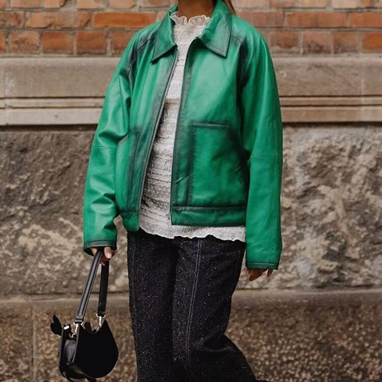 Damen Boxy-Kunstlederjacke mit großem Hemdkragen und durchgehendem Reißverschluss Drune