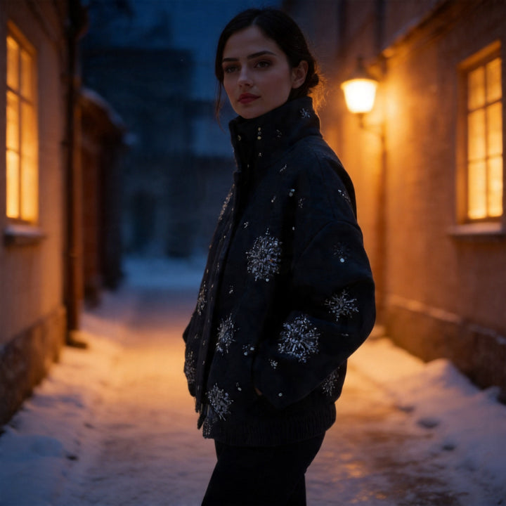 Damen Kurz geschnittener Wollmix‑Mantel mit Stehkragen und Perlen‑Pailletten‑Stickerei Drune