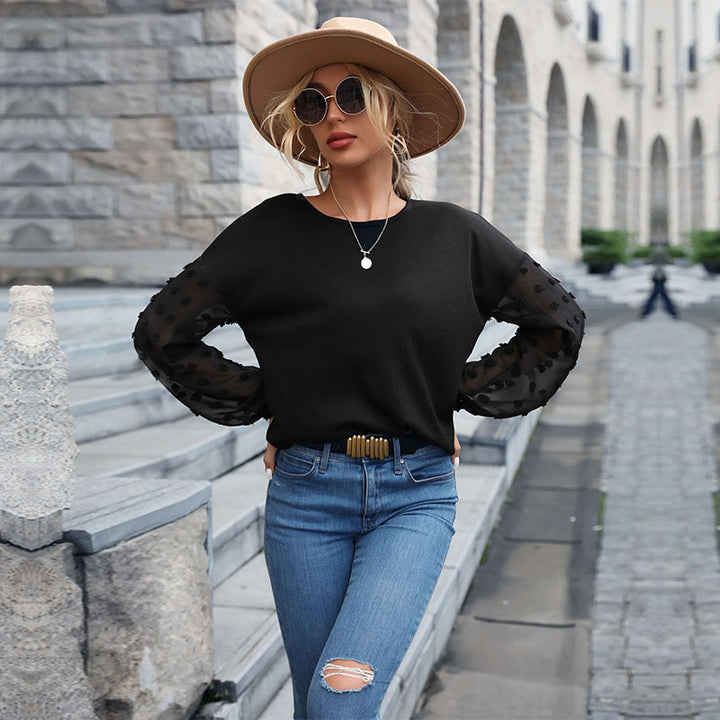 Damen Feinstrickpullover mit transparenten Chiffon-Ärmeln und Punktapplikationen Drune