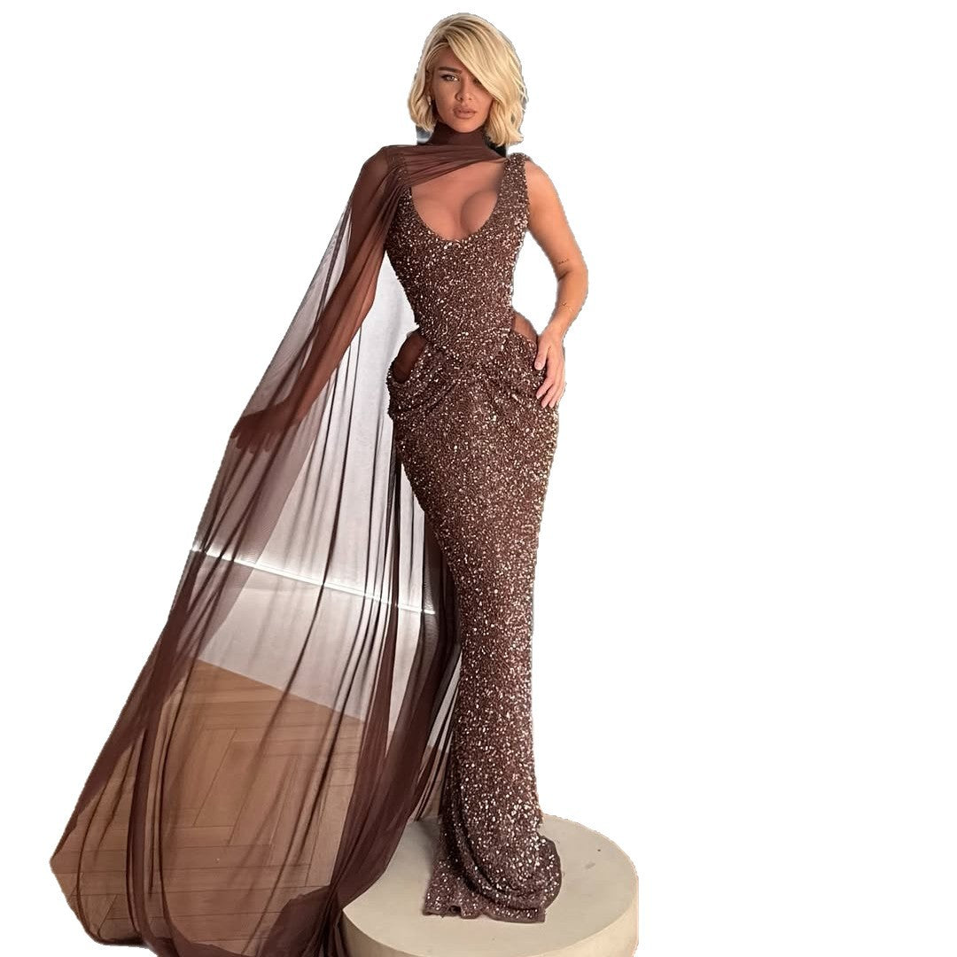 Damen Glamouröses Abendkleid mit funkelnden Pailletten und dramatischem Chiffonüberwurf Drune